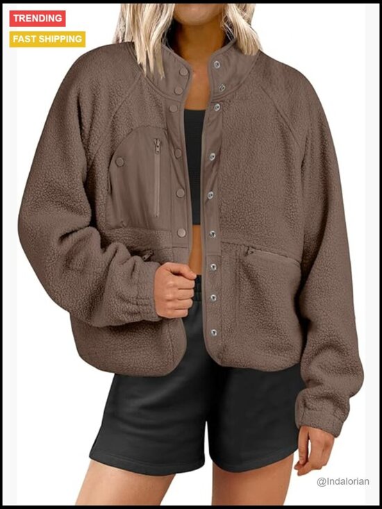 Jackets & Blazers - Fleece Jacket Long Sleeve Cropped Sherpa Button Down Shacket With Pockets